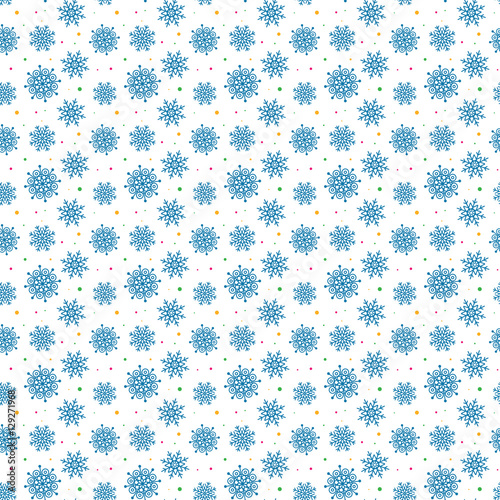 Seamless blue pattern of many snowflakes on white background. Ch