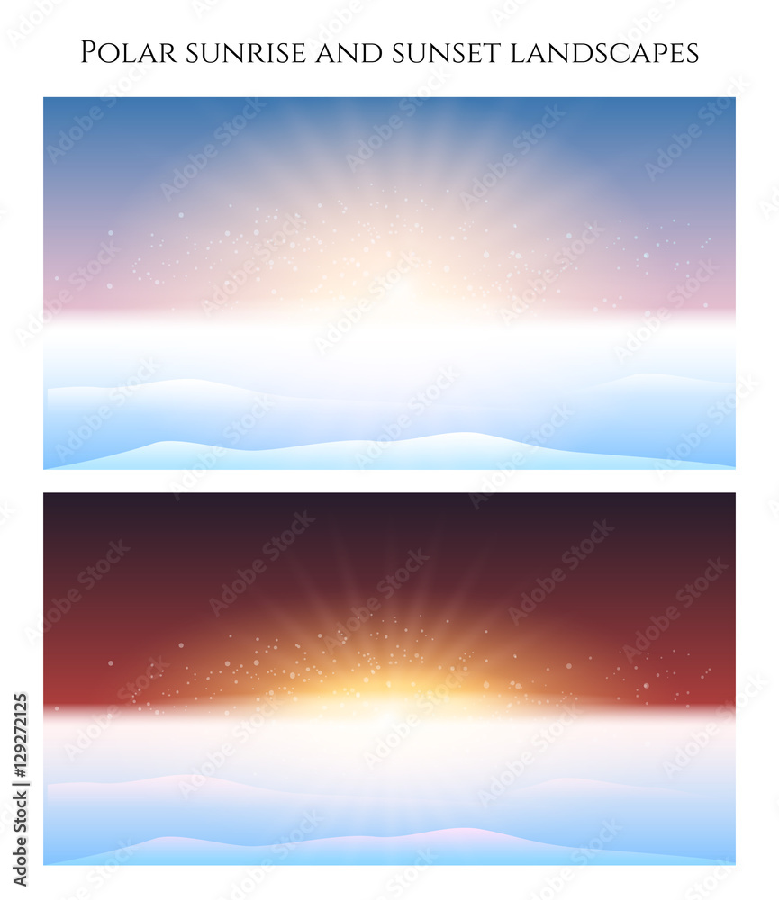 Polar sunrise and sunset landscape set banners. Vector illustration
