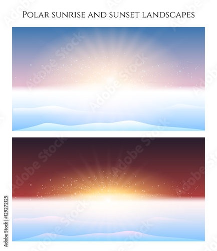 Polar sunrise and sunset landscape set banners. Vector illustration