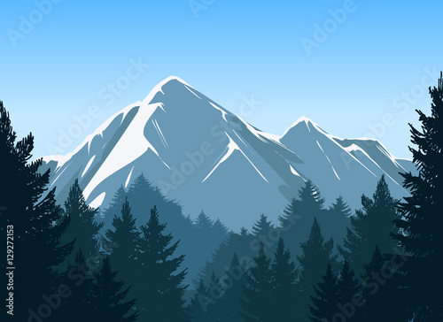 Mountains with pine forest and blue sky vector background