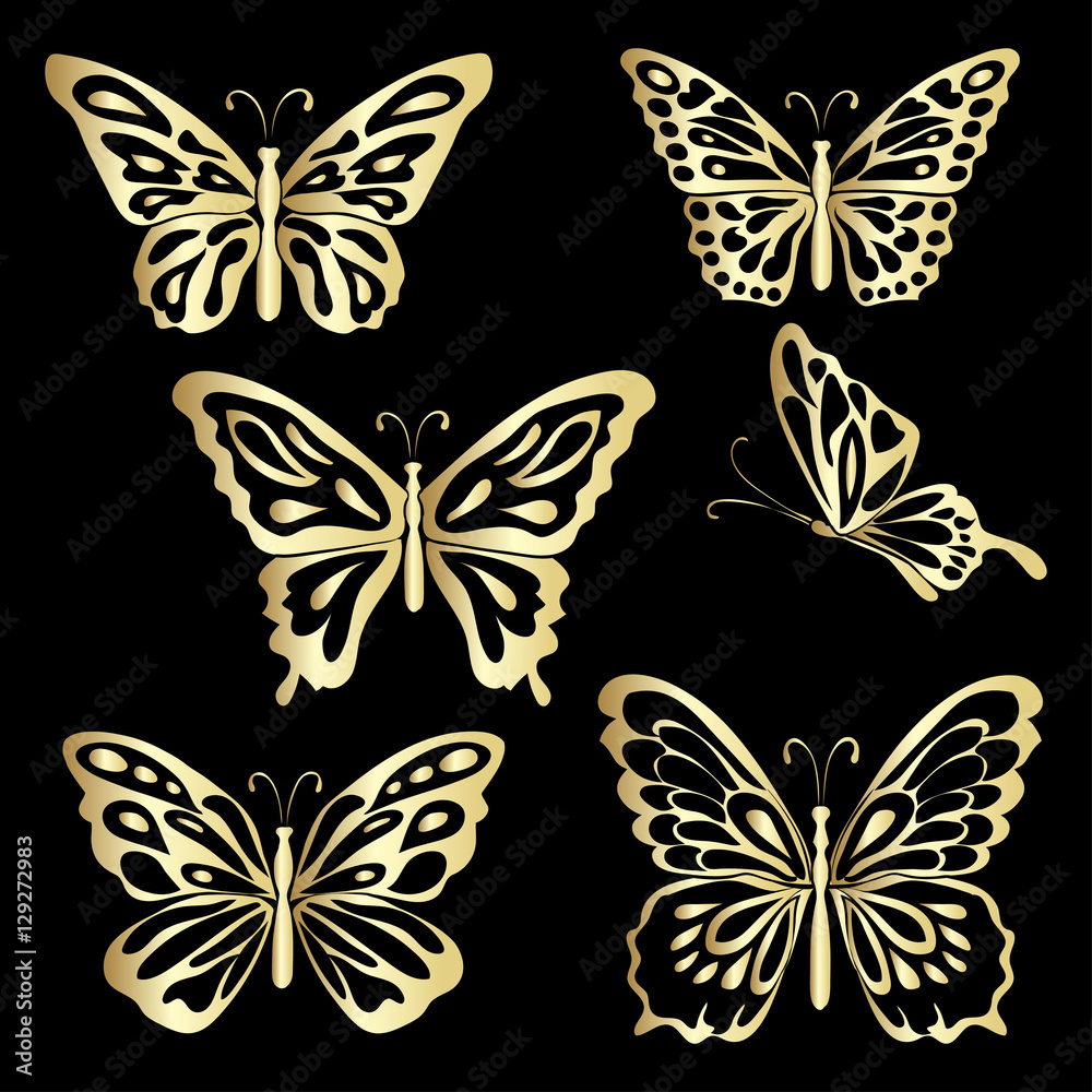 Naklejka Złoty koronkowy motyl na czarnym tle