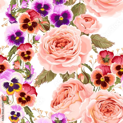 Roses and pansies seamless background