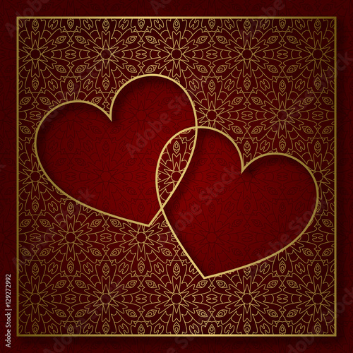 Romantic patterned background with frame of two hearts