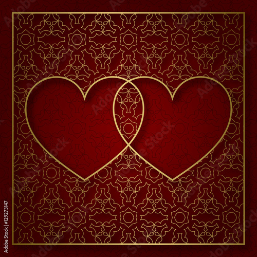 Romantic patterned background with frame of two hearts