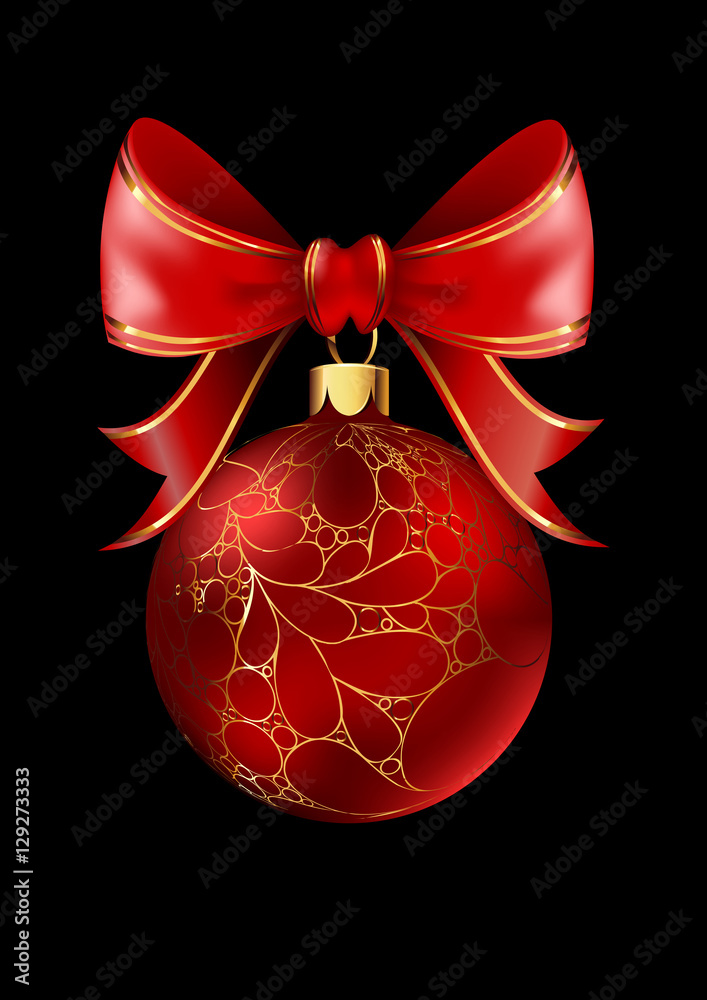 Red Christmas ball with a bow, isolated on black background. Red Christmas ball with a bow, isolated on black background.