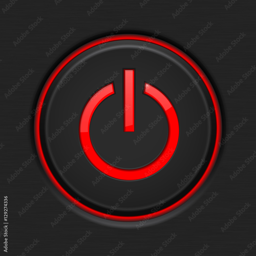 Power button. Red plastic sign on dark surface Power button. Red plastic sign on dark surface
