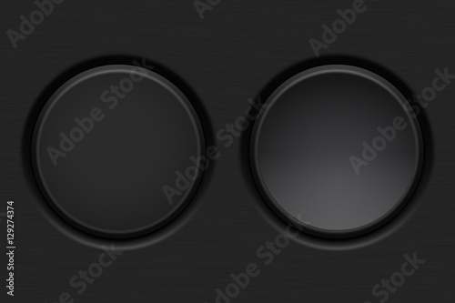 Black plastic round button, normal and pushed. With brushed surface