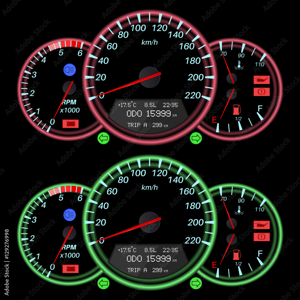 Car dashboard, night mode. Speedometer with red and green backlight Car dashboard, night mode. Speedometer with red and green backlight