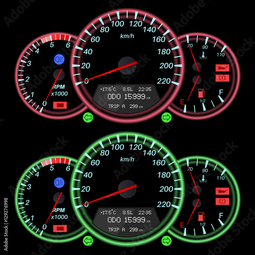 Car dashboard, night mode. Speedometer with red and green backlight