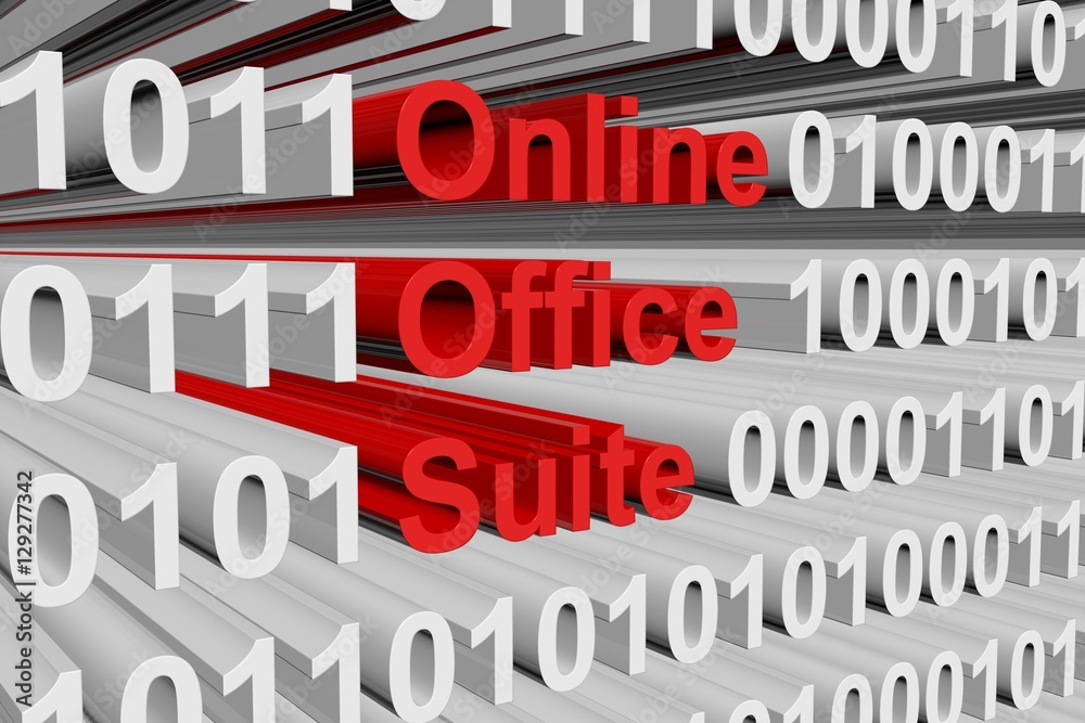 Online office suite in the form of binary code, 3D illustration
