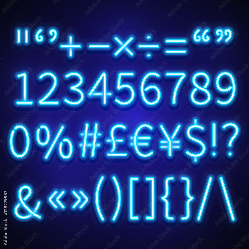 Fototapeta Glowing neon numbers, text symbols and currency signs vector typeset, font