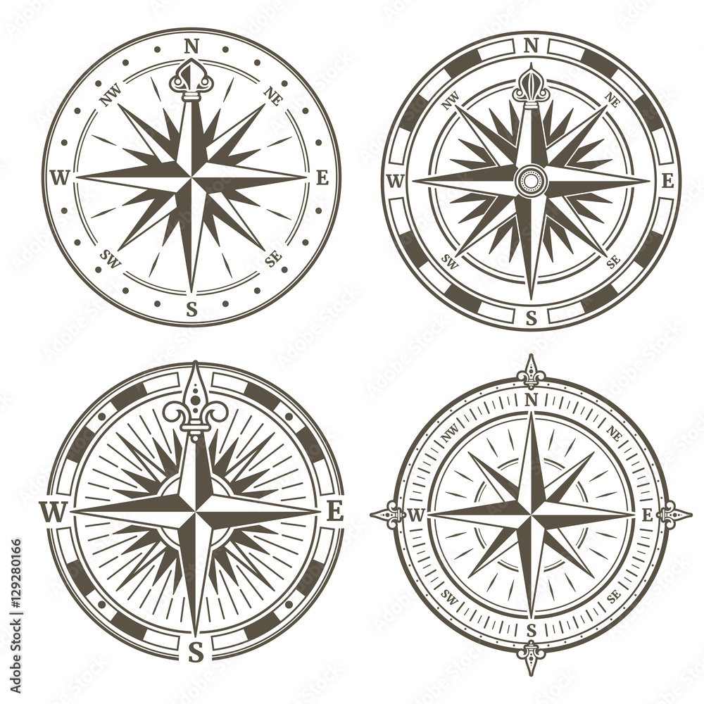Vintage nautical compass signs vector set, retro direction symbols