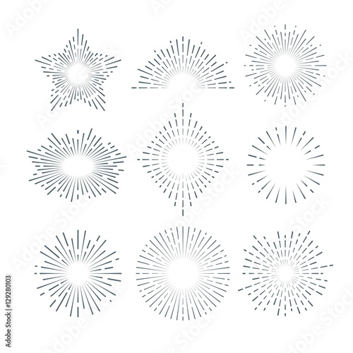 Retro sunburst, radiant starburst, vintage abstract sunshine line vector set