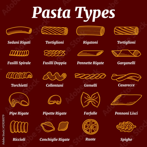 Traditional italian pasta list with names vector set