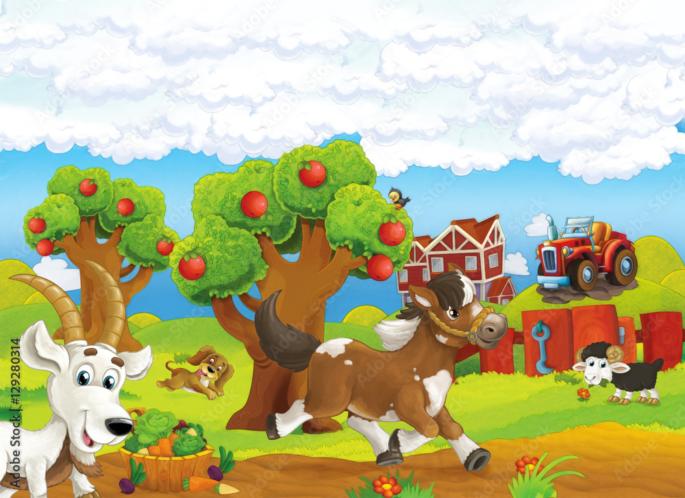 Naklejka premium Cartoon farm happy scene with running horse dog and hungry goat and eating sheep - illustration for children