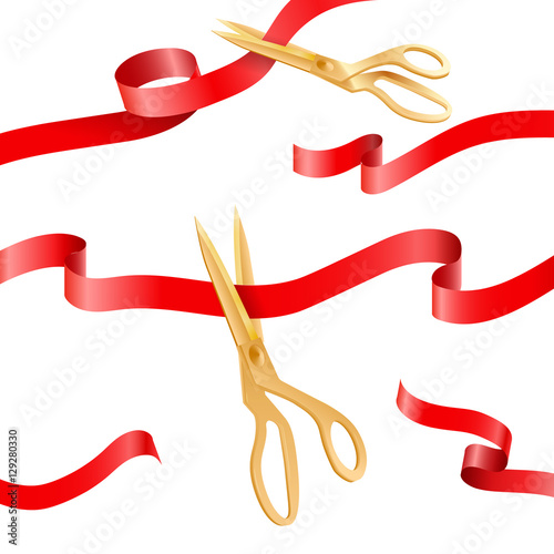 Golden scissors cutting ceremony silk ribbons vector elements for opening event concept