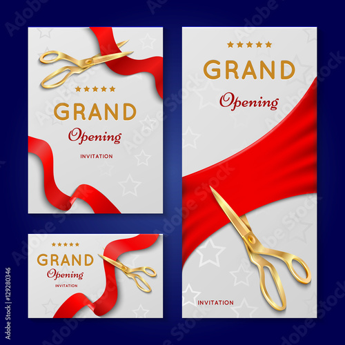 Ribbon cutting with scissors grand opening ceremony vector invitation cards, banners
