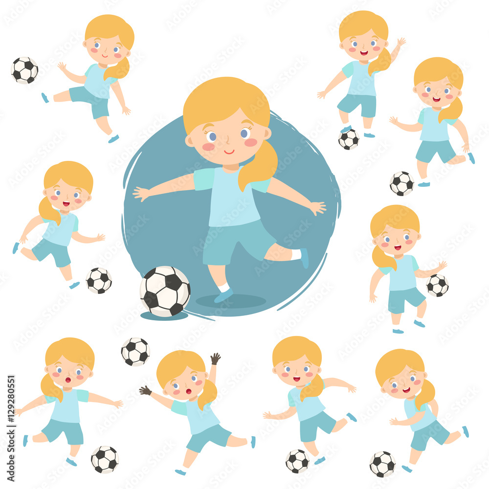 Girl Playing Football Soccer Sport Set Vector Illustration Kids Girl Playing Football Soccer Sport Set Vector Illustration Kids