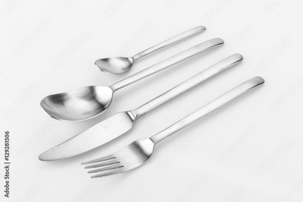 Cutlery set with Fork, Knife and Spoon on white background Cutlery set with Fork, Knife and Spoon on white background