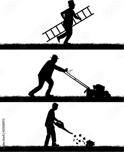 Silhouettes of people cleaning the garden.