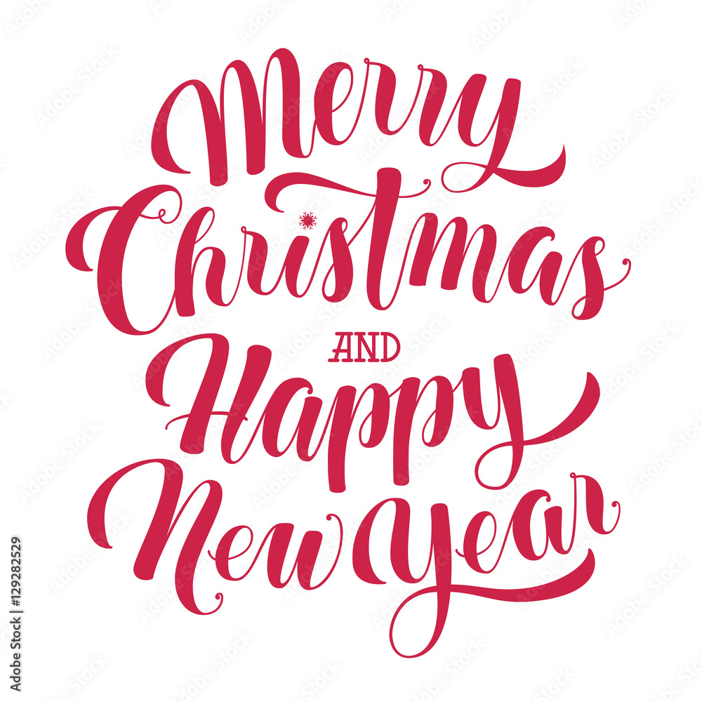 Merry Christmas and Happy New Year text, calligraphic vector illustration isolated on white background. Merry Christmas and Happy New Year lettering, greeting text, design element