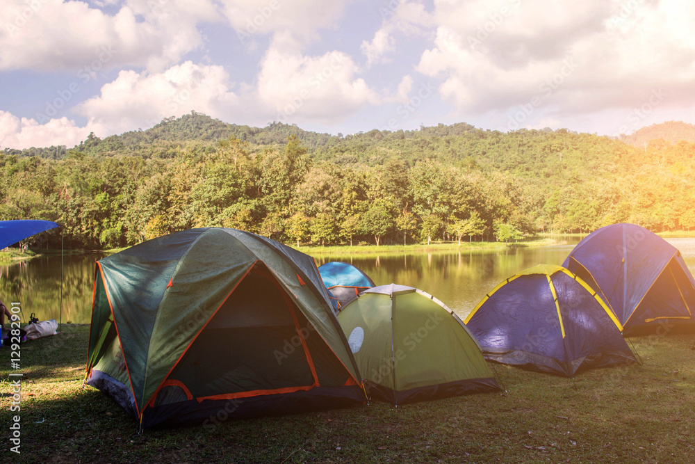 Tourists tent at river