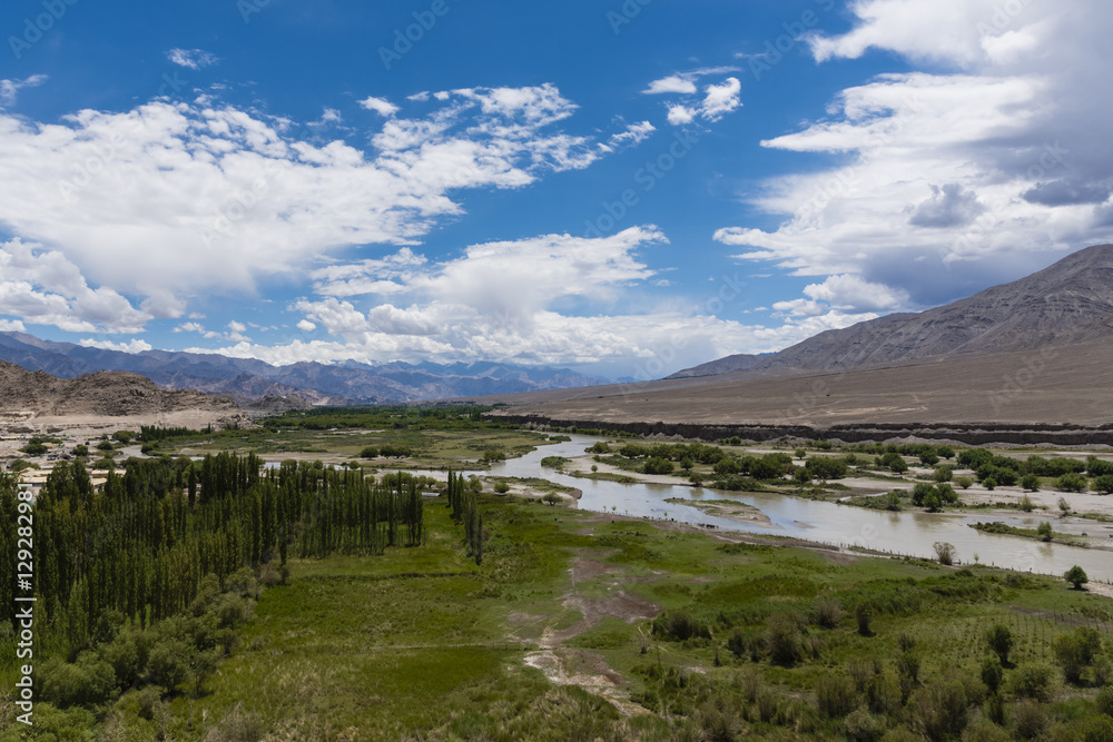 Indus river flowing through plains in Ladakh, India, Asia