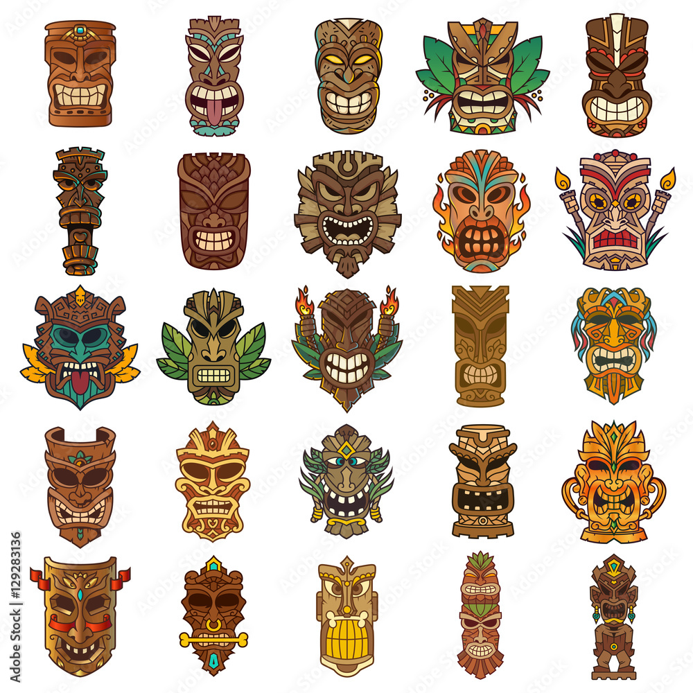 Fototapeta premium Colorful Tiki Head Design Set