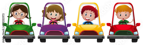 Four children riding on four different cars
