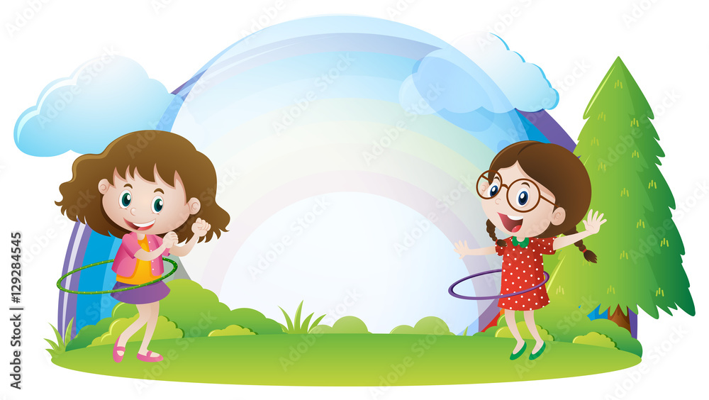 Border template with two girls in the park Border template with two girls in the park