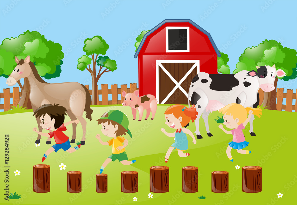 Fototapeta premium Farm scene with kids running in the field