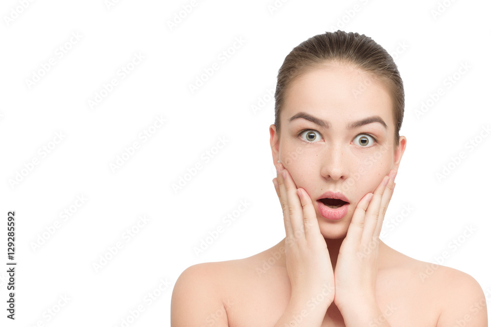 beautiful girl surprised isolated on white background with copyspace beautiful girl surprised isolated on white background with copyspace