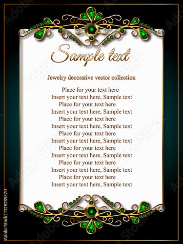 Card, invitation, certificate or a menu with a golden frame made of jewels, emerald green