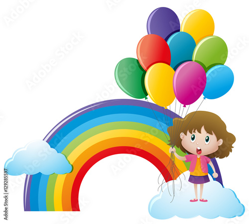 Girl holding balloons with rainbow background