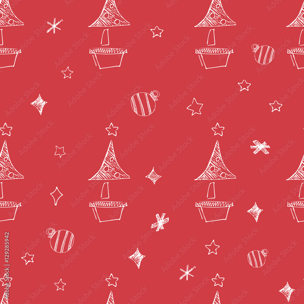 Set of hand drawn stars and chrismas tree. Retro vintage style. Seamless background. chrismas pattern on red background. Set of hand drawn stars and chrismas tree. Retro vintage style. Seamless background. chrismas pattern on red background.