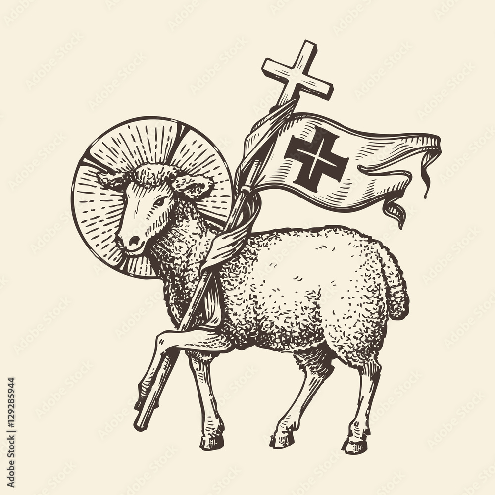Lamb or sheep holding cross. Religious symbol. Sketch vector