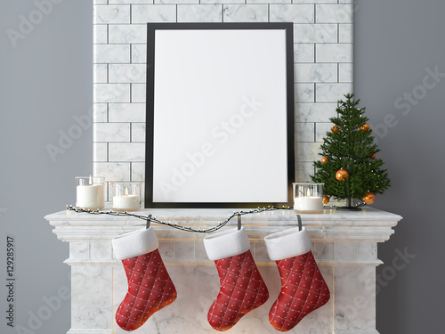 Christmas Mock up poster, fireplace, candles, Christmas balls, Christmas tree, 3d interior rendering