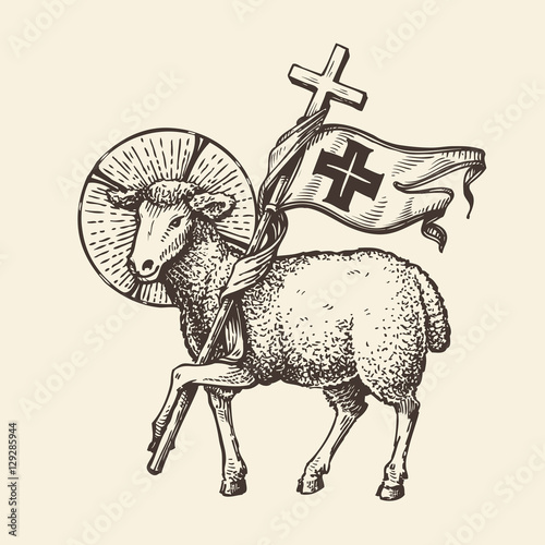 Vászonkép Lamb or sheep holding cross. Religious symbol. Sketch vector