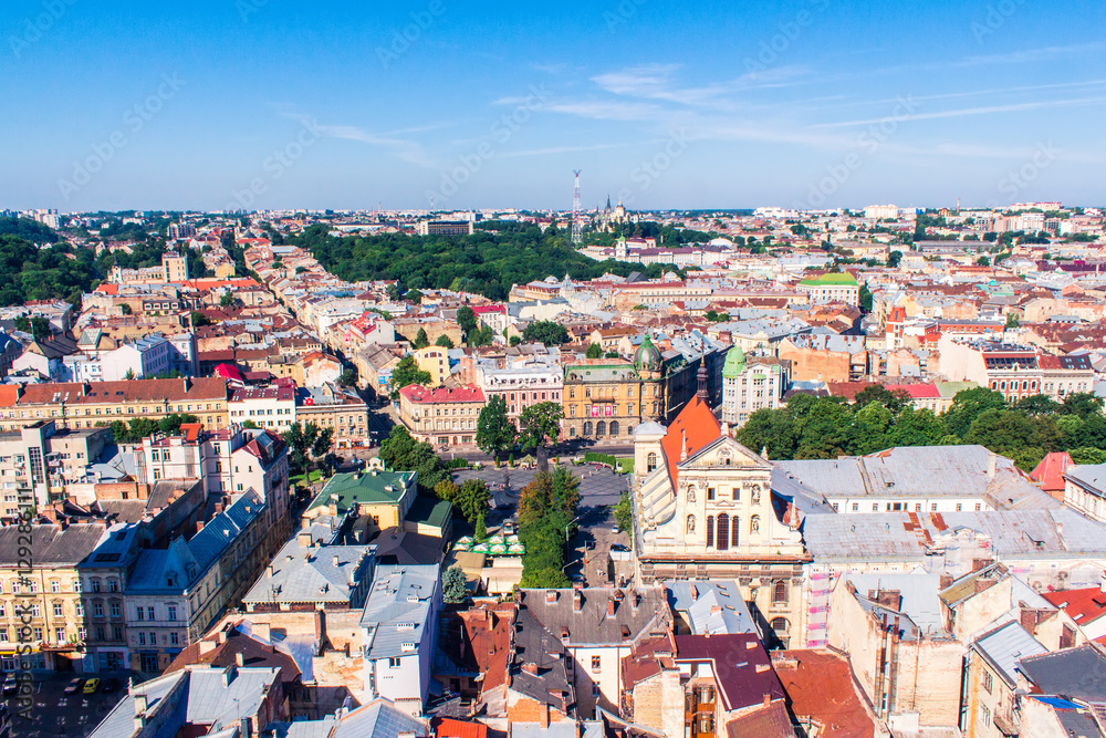 Top view (the Cathedral) from of the city hall in Lviv, Ukraine.