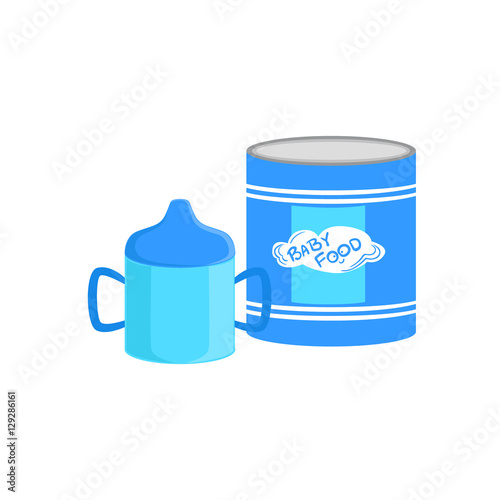 Industrical Can With Powder Milk And Sippy Cup Supplemental Baby Food Products Allowed For First Complementary Feeding Of Small Child Cartoon Illustration
