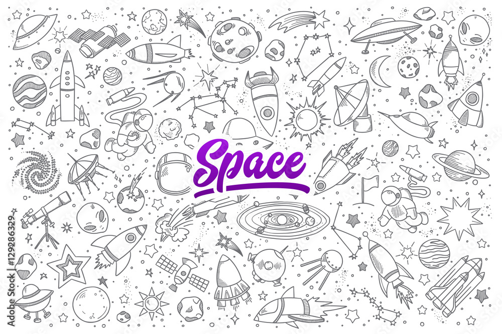 Hand drawn set of space objects doodles with lettering in vector