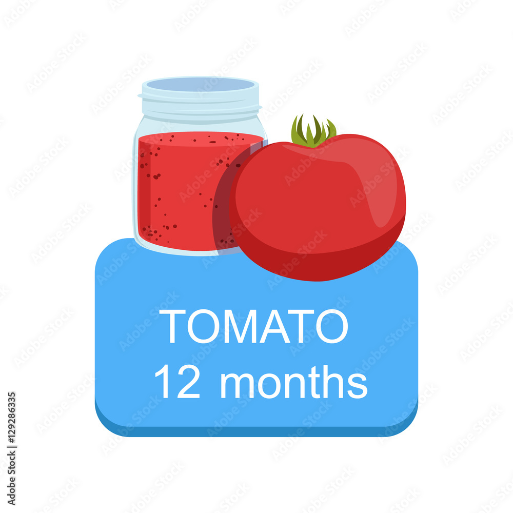 Recommended Time To Feed The Baby With Fresh Tomato Cartoon Info Sticker With Fresh Vegetable And Puree In Jar Recommended Time To Feed The Baby With Fresh Tomato Cartoon Info Sticker With Fresh Vegetable And Puree In Jar