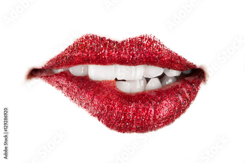 female lips with shine red lipstick on white background 