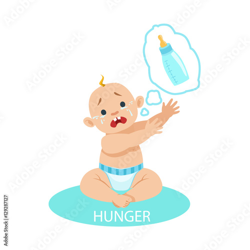 Little Baby Boy In Nappy Is HungryAnd Needs A Bottle,Part Of Reasons Of Infant Being Unhappy And Crying Cartoon Illustration Collection