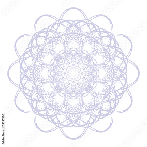 Delicate guilloche lace contour rosette isolated on white (transparent) background. For invitations, banknotes, diplomas, certificates, tickets, other papers security design.
 Vector illustration 