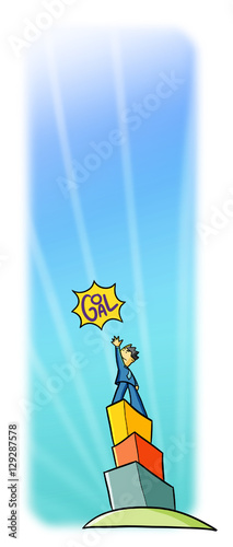 Creative young businessman achieving target or goal with cool blue sky background - illustration.