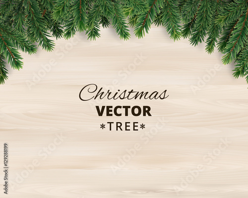 Christmas tree branches on wooden background, vector illustration