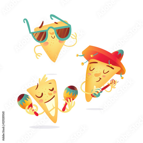 Three happy nachos characters playing Mexican maracas and guitar, cartoon vector illustration isolated on white background. Mexican corn tortilla nachos characters playing music, having fun