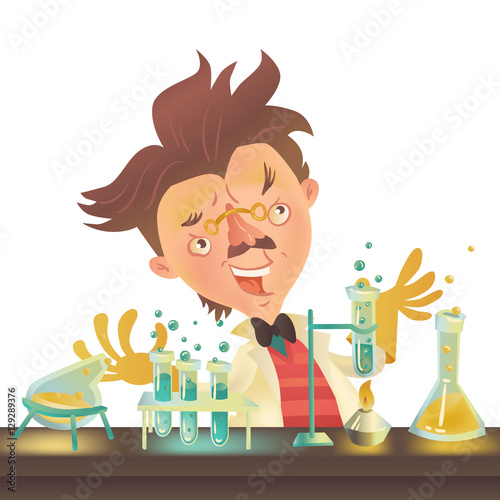 Bushy haired mad professor in lab coat experimenting with flasks sitting at the table, cartoon illustration. Crazy comic scientist, mad professor, chemist, doctor