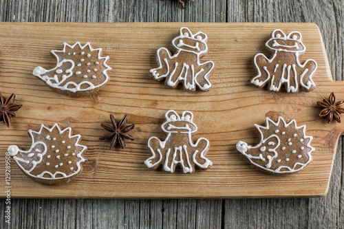 Top View Christmas gingerbread frog and hedgehog